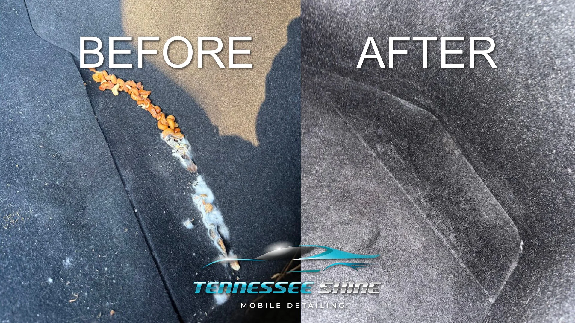 Side-by-side comparison image showing a dirty car surface with mold and left-over food before cleaning on the left, and the same surface clean and shiny after detailing on the right, with the Tennessee Shine Mobile Detailing logo at the bottom.