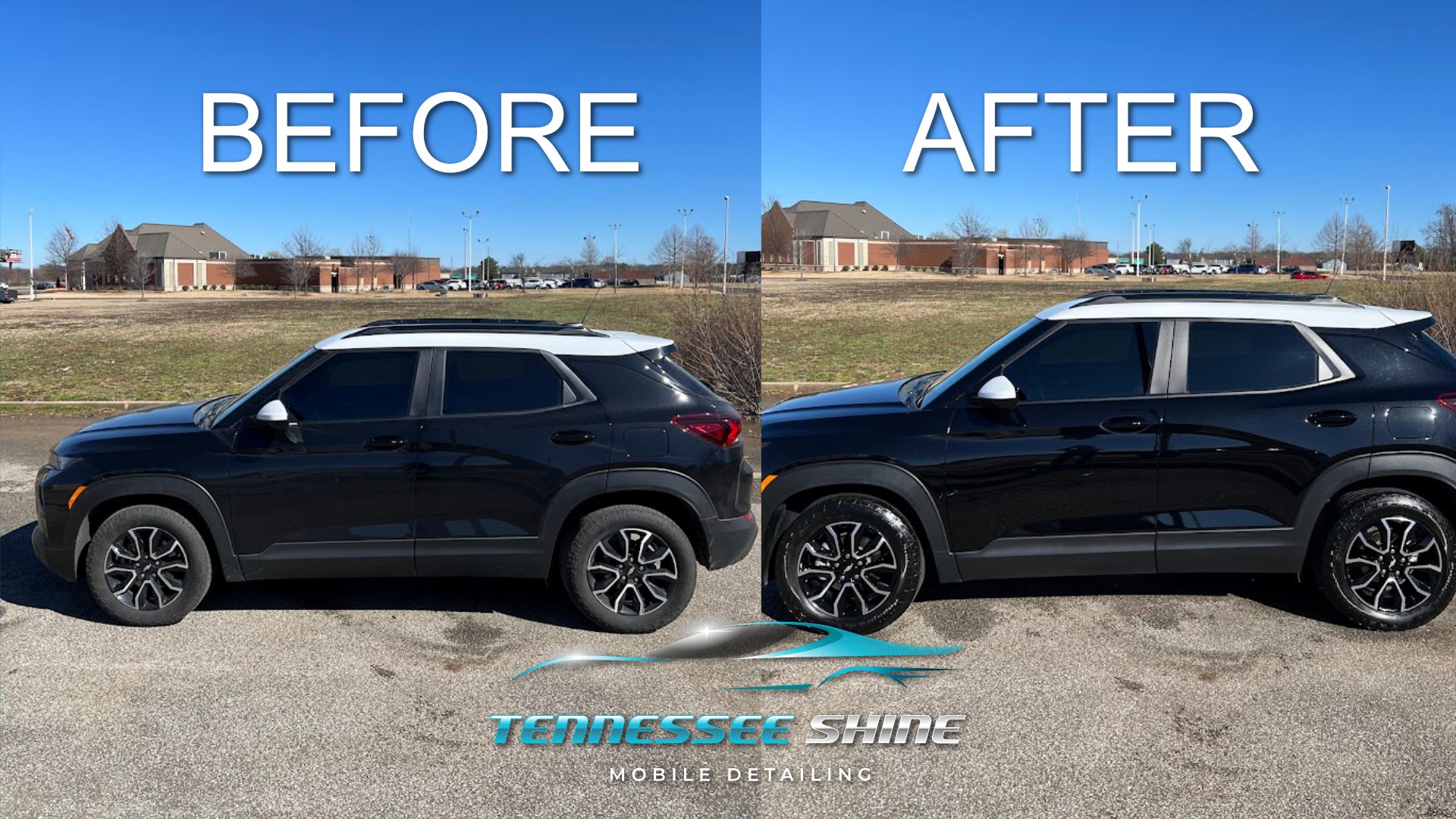 Side-by-side photos of a black SUV, with the left labeled 'BEFORE' and the right labeled 'AFTER', demonstrating car washing or detailing with a clean, shiny exterior.