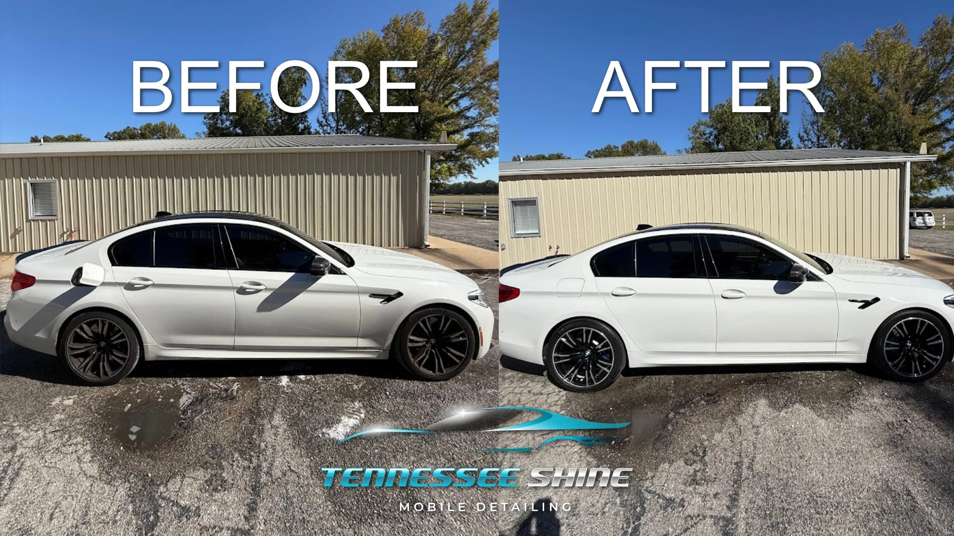 Side view of a white luxury sedan before and after a detailing service, and the logo for Tennessee Shine Mobile Detailing at the bottom.