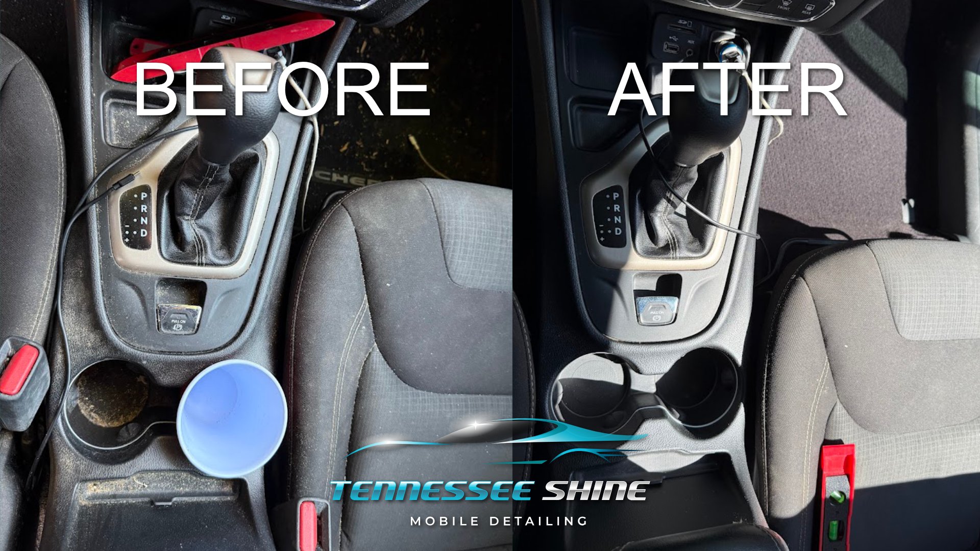 Comparison of car interior: before image shows dusty center console with a blue cup, after image shows cleaned console with no dust and a level tool, side view of front seats.