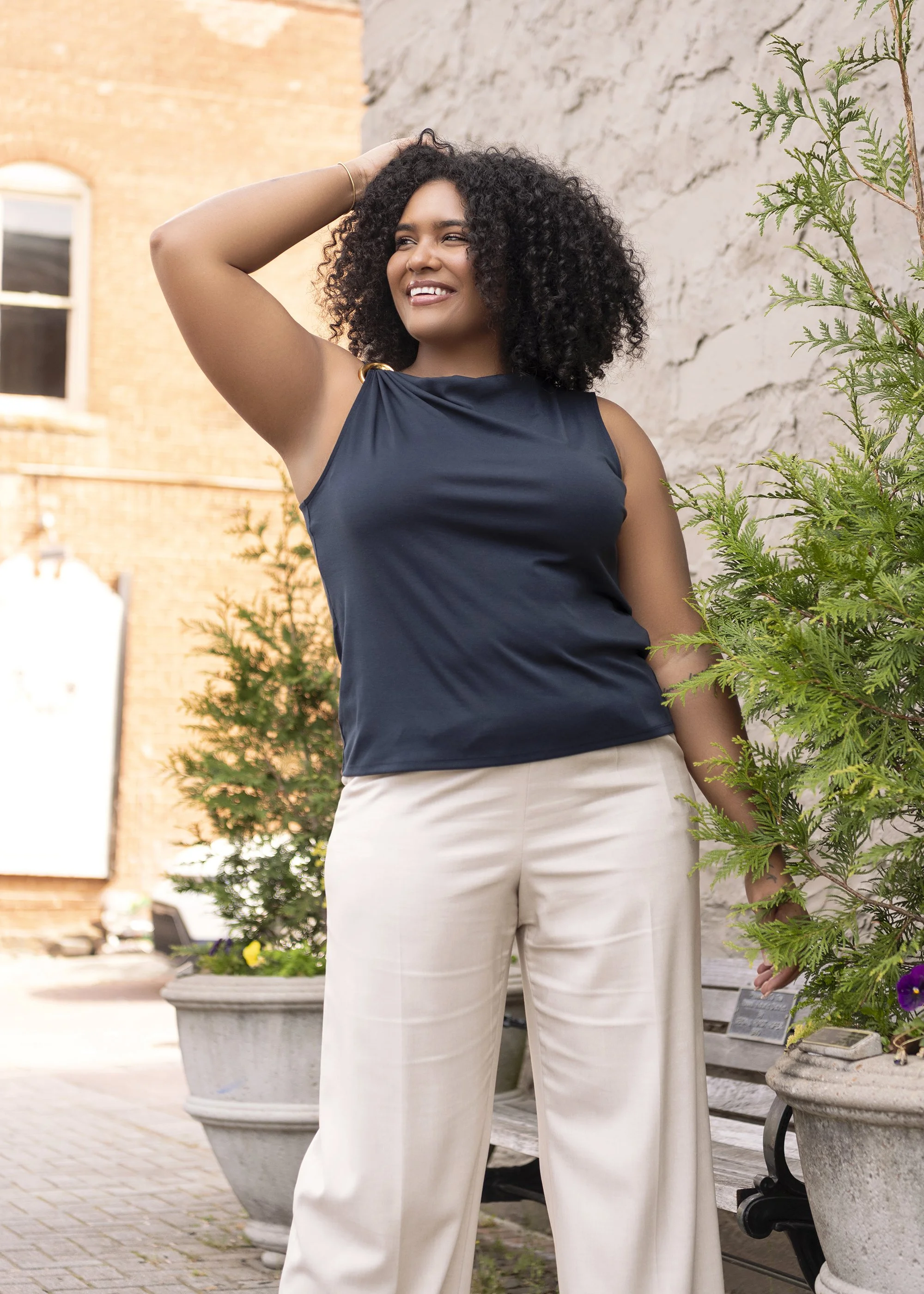 Lifestyle fashion modeling portrait of Bianca Nolden, represented by Forward The Agency, photographed outdoors in Roswell, Georgia in natural light. Wearing Donna Karan and photographed by Caitlin Tabilog, Atlanta commercial and editorial portrait ph