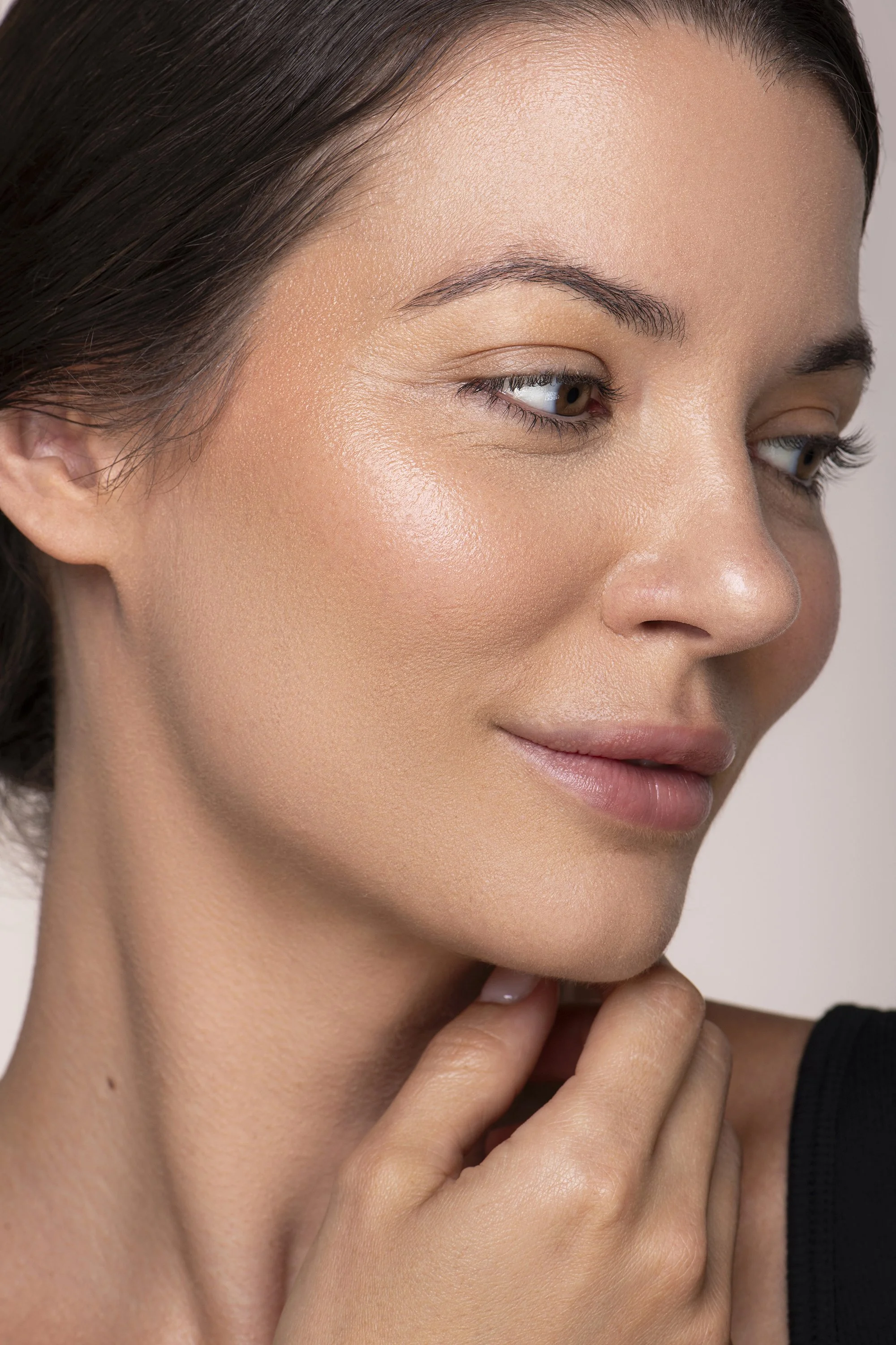  AYA Skin medical spa campaign photography featuring a female Forward The Agency model in her 30s, photographed at Arlos Studios Atlanta by Caitlin Tabilog with hair by Jules Thomas and makeup by Danielle Onesto. 