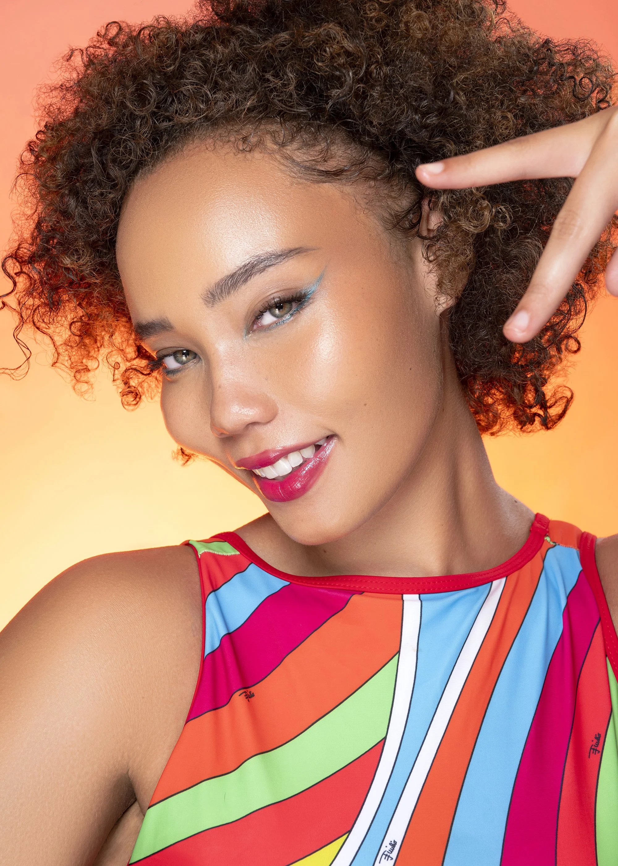 High-end beauty campaign photography in Atlanta, Georgia featuring an AI Model Management model with vibrant summer makeup, flawless glowing skin, and Fenty Beauty lip gloss. Photographed by Caitlin Tabilog for Industry Makeup Academy, this luxury be