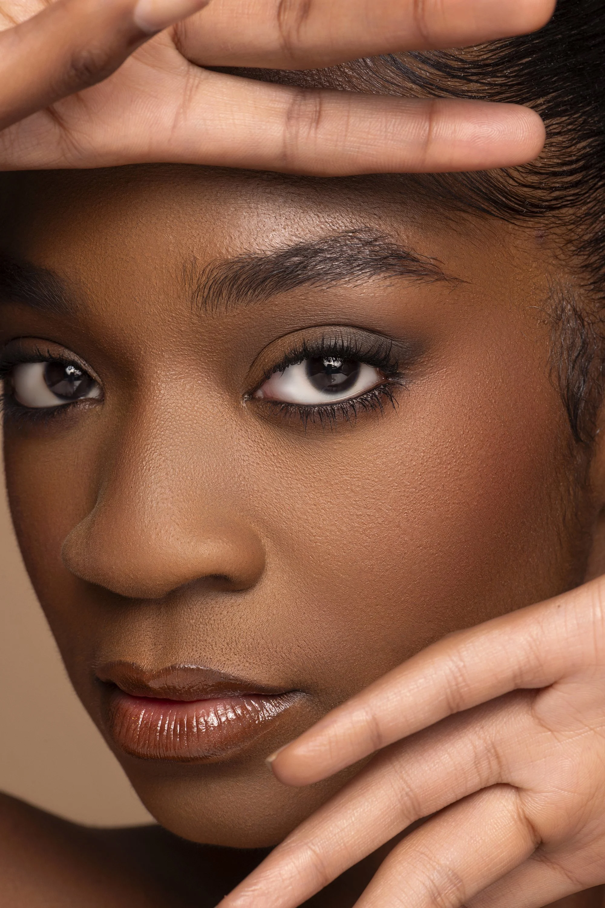 Professional beauty portrait of Audrey, a model signed with Click Models Atlanta, photographed in a professional studio for Industry Makeup Academy in Atlanta, Georgia. Editorial beauty photography featuring flawless skin, professional makeup artistr