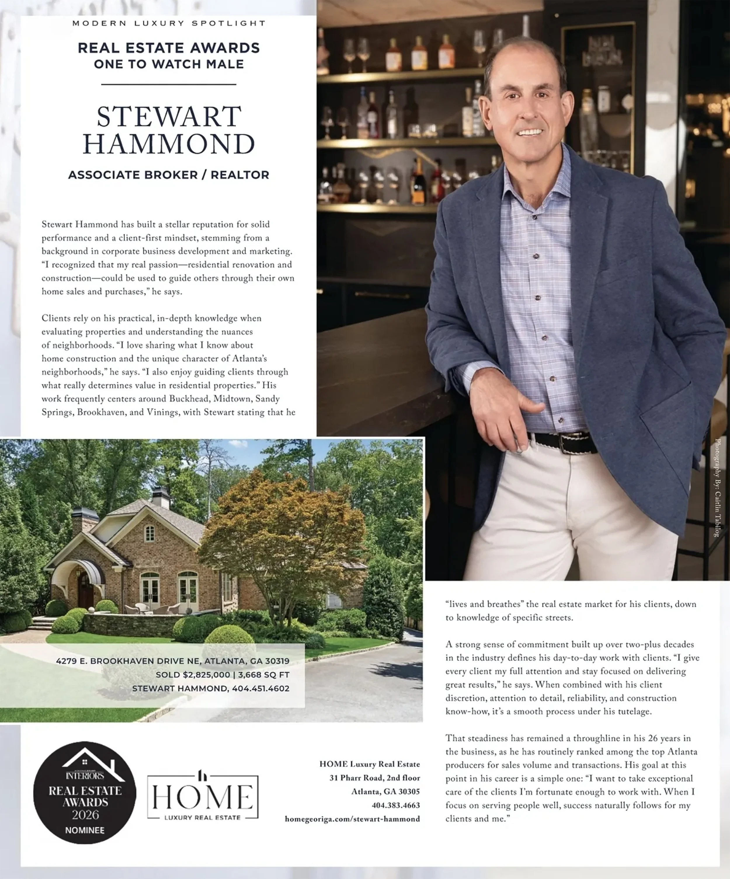 Editorial residential real estate headshot of Stewart Hammond, associate broker in Atlanta, Georgia, photographed for Atlanta Magazine’s Modern Luxury Power Players editorial. Boutique lifestyle commercial branding photography by Atlanta portrait pho