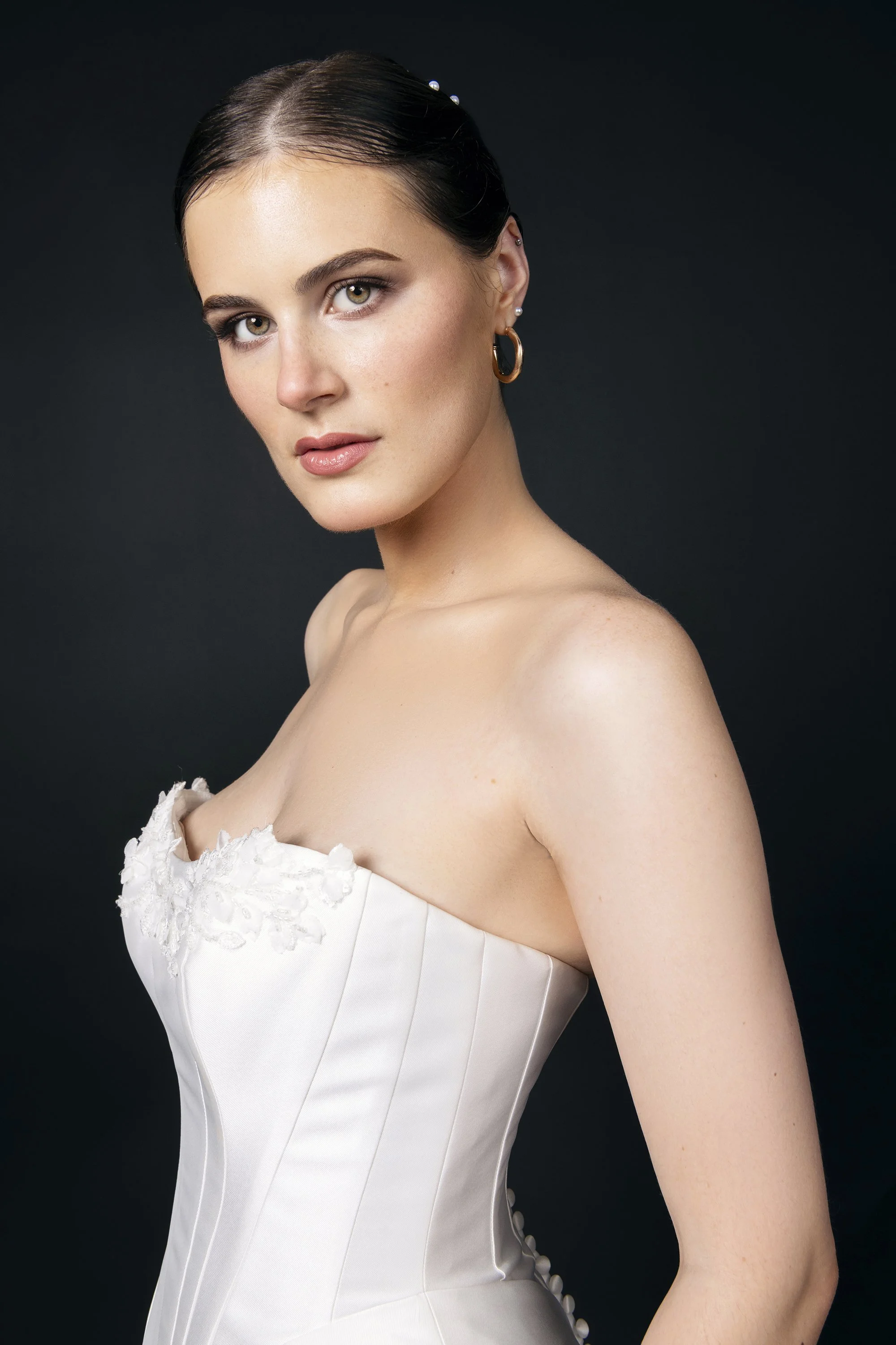 Luxury-inspired bridal fashion editorial photographed in Georgia featuring Forward The Agency model Sabrina in an Anna Christine Bridal gown, with bridal hair by Golden Hair Salon in Canton, makeup by Industry Makeup Academy in Atlanta, and dramatic 