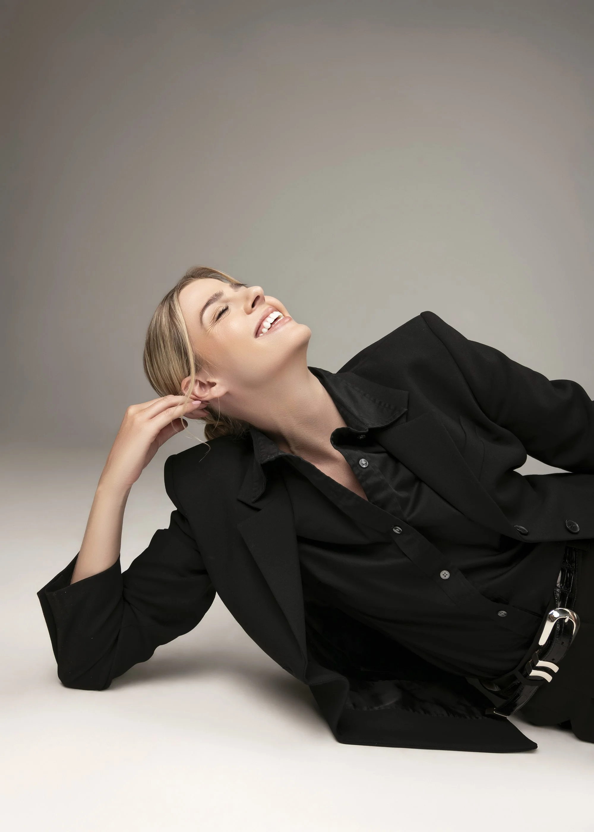 Editorial lifestyle fashion photography Atlanta full-body studio session of Charlotte Lennon Forward the Agency captured by Caitlin Tabilog professional lighting elevated women’s wardrobe