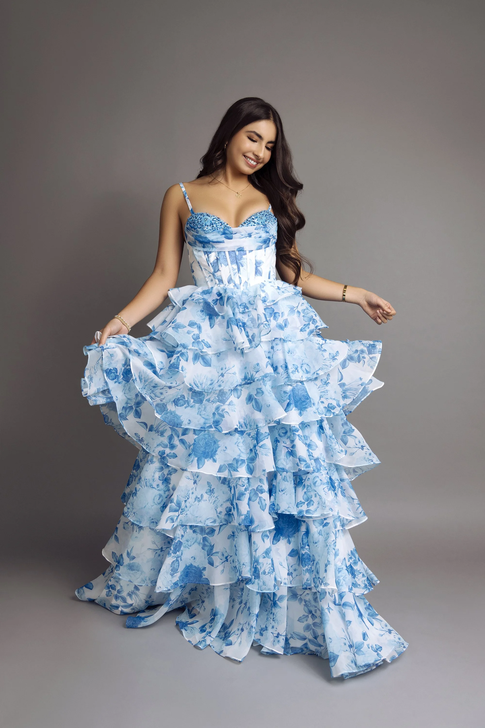 Professional model portfolio photography Atlanta studio image featuring Forward the Agency model in elegant gown from Twin Hearts Formal Canton Georgia