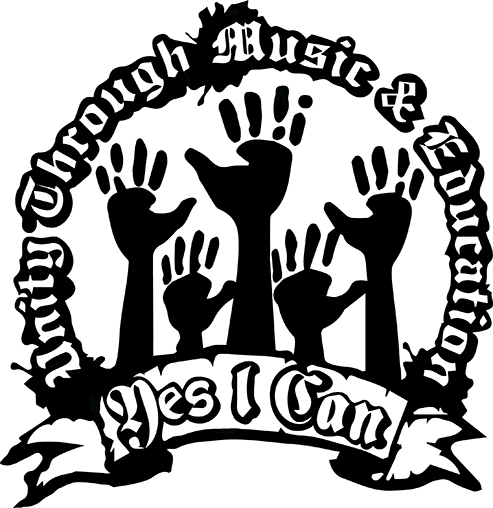 Black and white graphic with raised fists surrounding the text "Yes I Can" and a banner with "Unity Through Music and Education" in a circular arrangement.