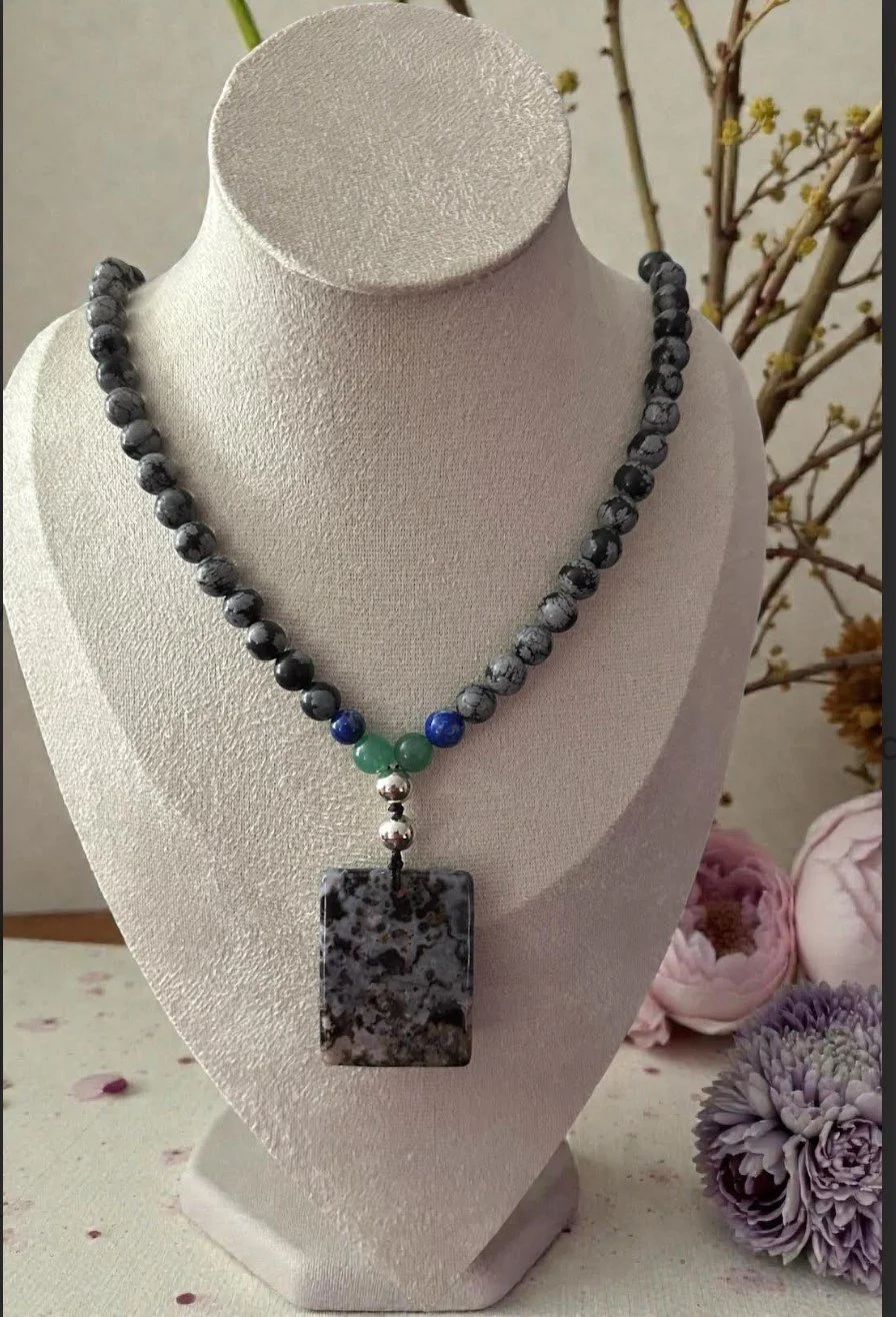 Snowflake Obsidian beads with Dendritic Moss Agate pendant — 20.5