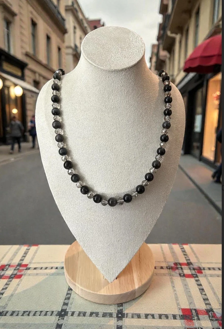 Black Cat Eye and Faceted Smokey Quartz—26.5",  10mm