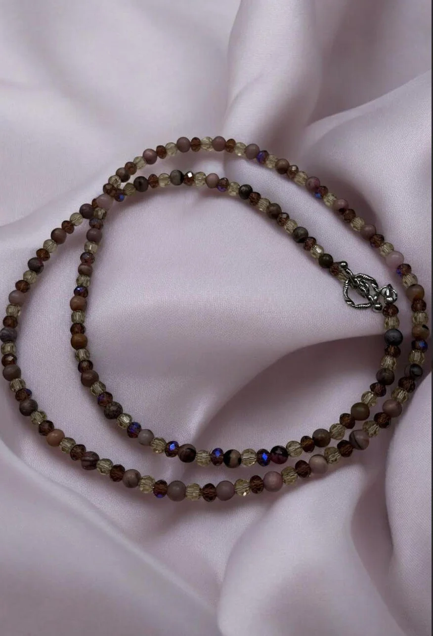 Pink 6mm Rhodonite with subtle Amethyst accents -36"