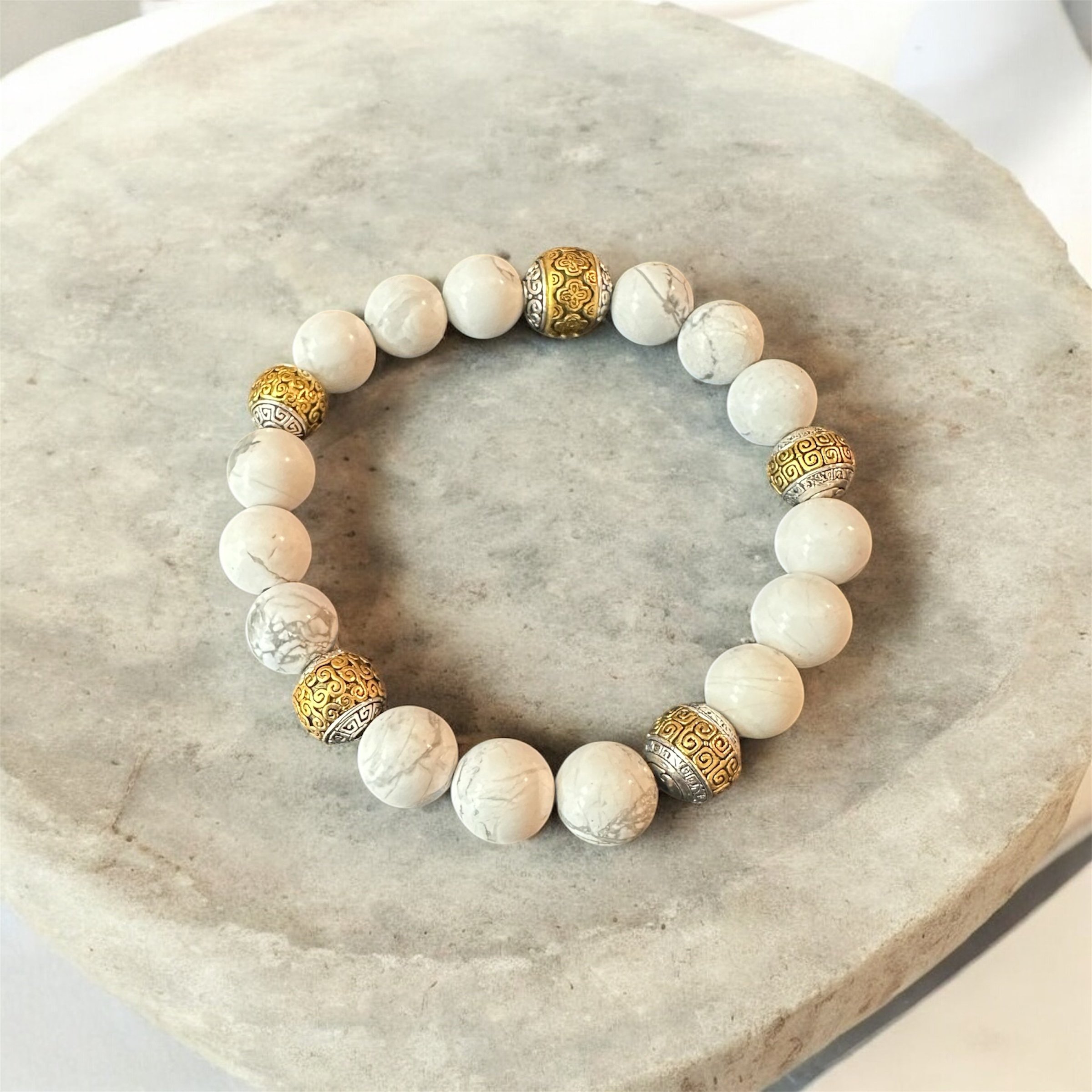 Gentle and Enduring - 10mm Howlite and Tibetan Prayer Beads