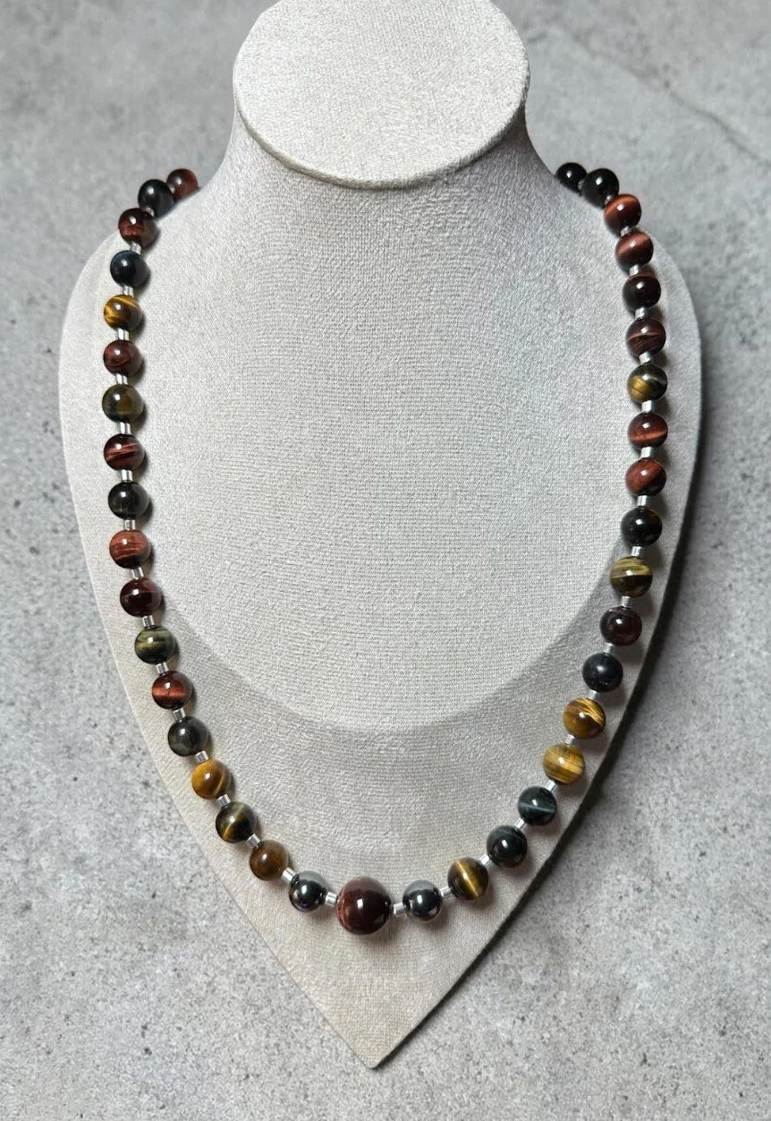 Multicolor Tiger Eye Necklace with Silver Accents - 24"