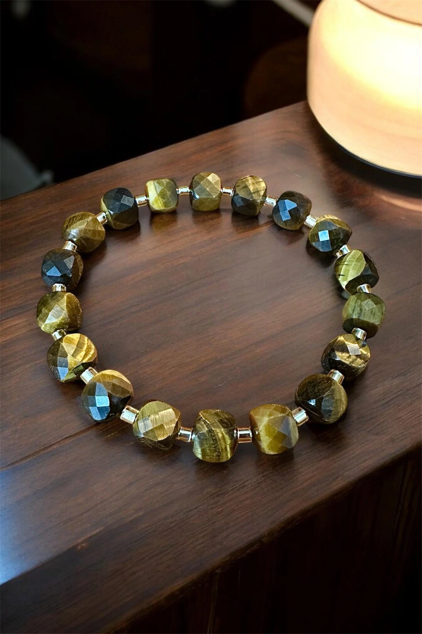 Cube Faceted Tiger Eye w Gold Accents  10MM
