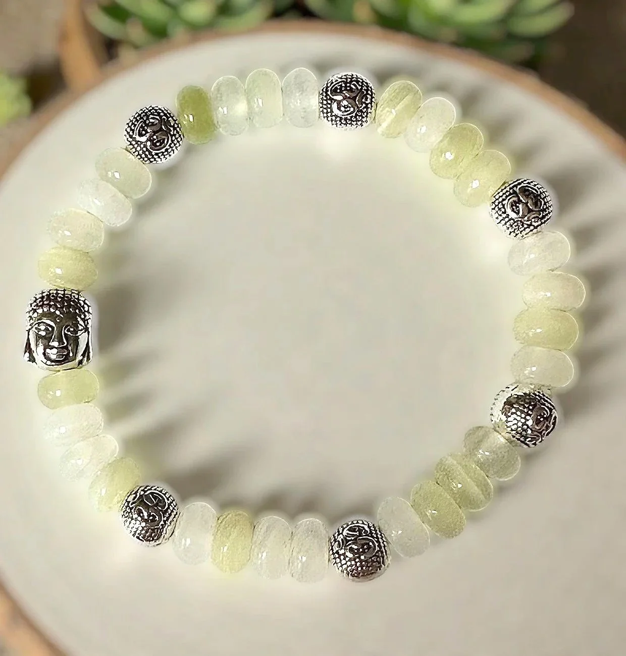 Afghanistan Jade Serenity Bracelet with Silver Ohm Accents & Buddha Focal Bead