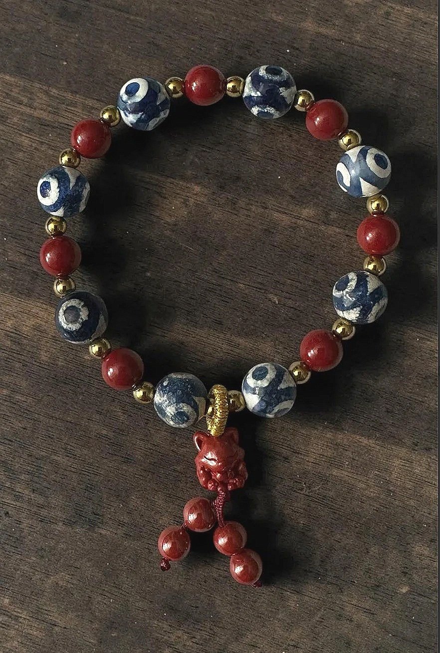 Mystical Cinnabar & Dzi Beads Bracelet with 9-Tail Fox Charm