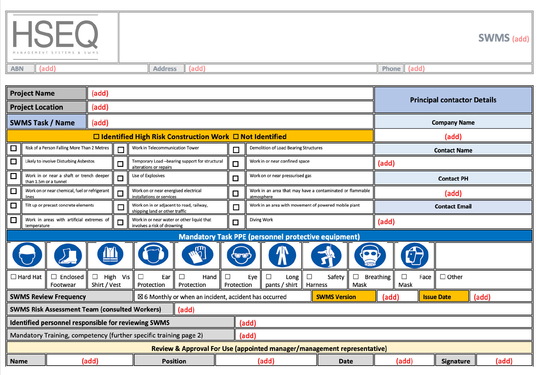 Safe Work Method Statement (SWMS) Template