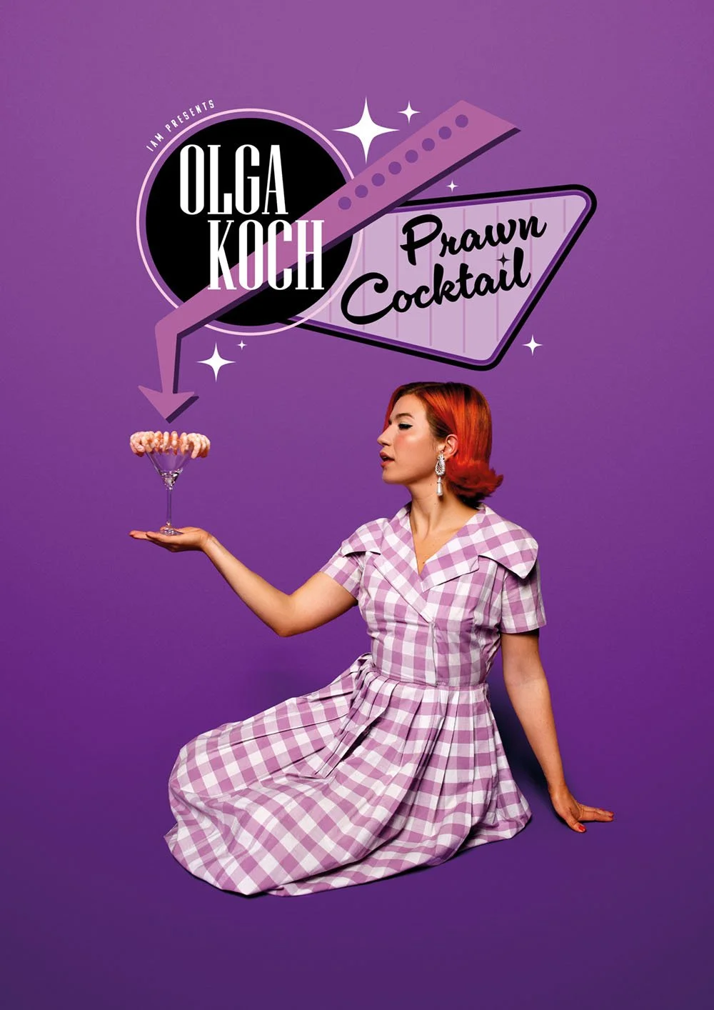 A woman with red hair kneeling on purple background, holding a martini glass with a prawn cocktail, with text promoting Olga Koch's prawn cocktail show and graphic elements.