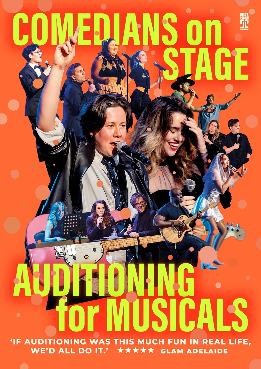 Poster for 'Comedians on Stage Auditioning for Musicals' featuring various performers singing and playing instruments on brightly colored background.