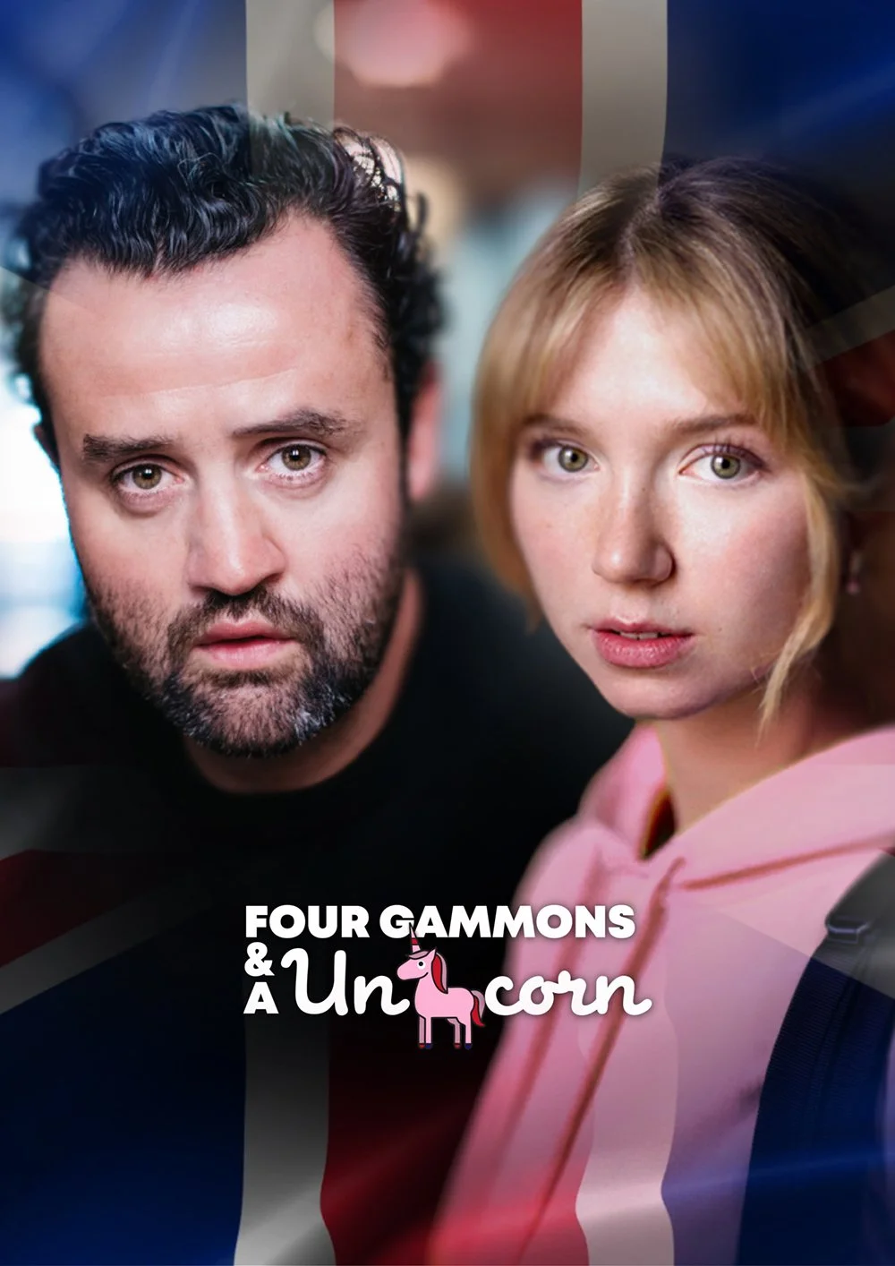 A man and woman with serious expressions pressing close together, with a French flag overlay and the text 'Four Gammans & a Unicorn' including a pink unicorn graphic.