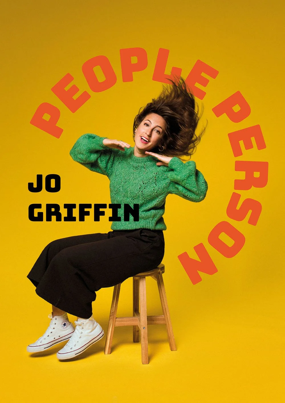 Book cover for 'People Pleasers' by Jo Griffyn, featuring a woman with long hair, wearing a green sweater and black pants, sitting on a stool against a yellow background with red text.