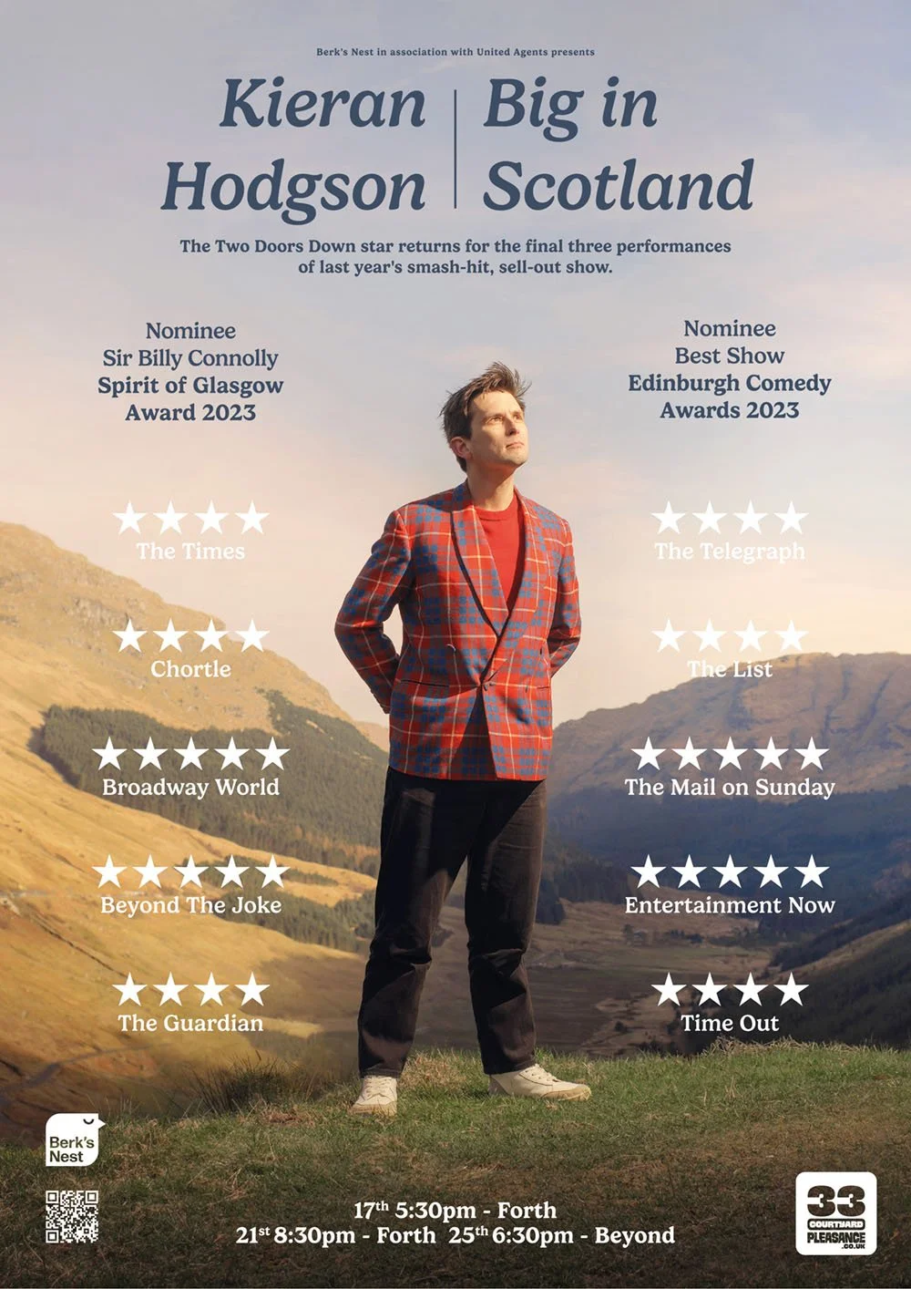 Poster for Kieran Hodgson's comedy tour titled "Big in Scotland" featuring a photo of Kieran Hodgson standing outdoors in a scenic landscape, wearing a red checked blazer and red shirt, with mountains in the background. The poster lists awards and no