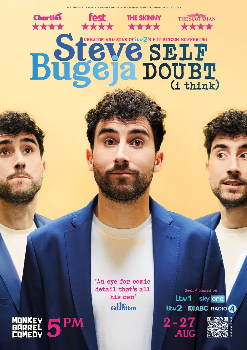 Promotional poster for a comedy show featuring Steve Self Bugeja Doubt. The poster shows three men with curly hair and wearing blue jackets and white shirts, with the central figure looking directly at the camera. The background is yellow. Text on th