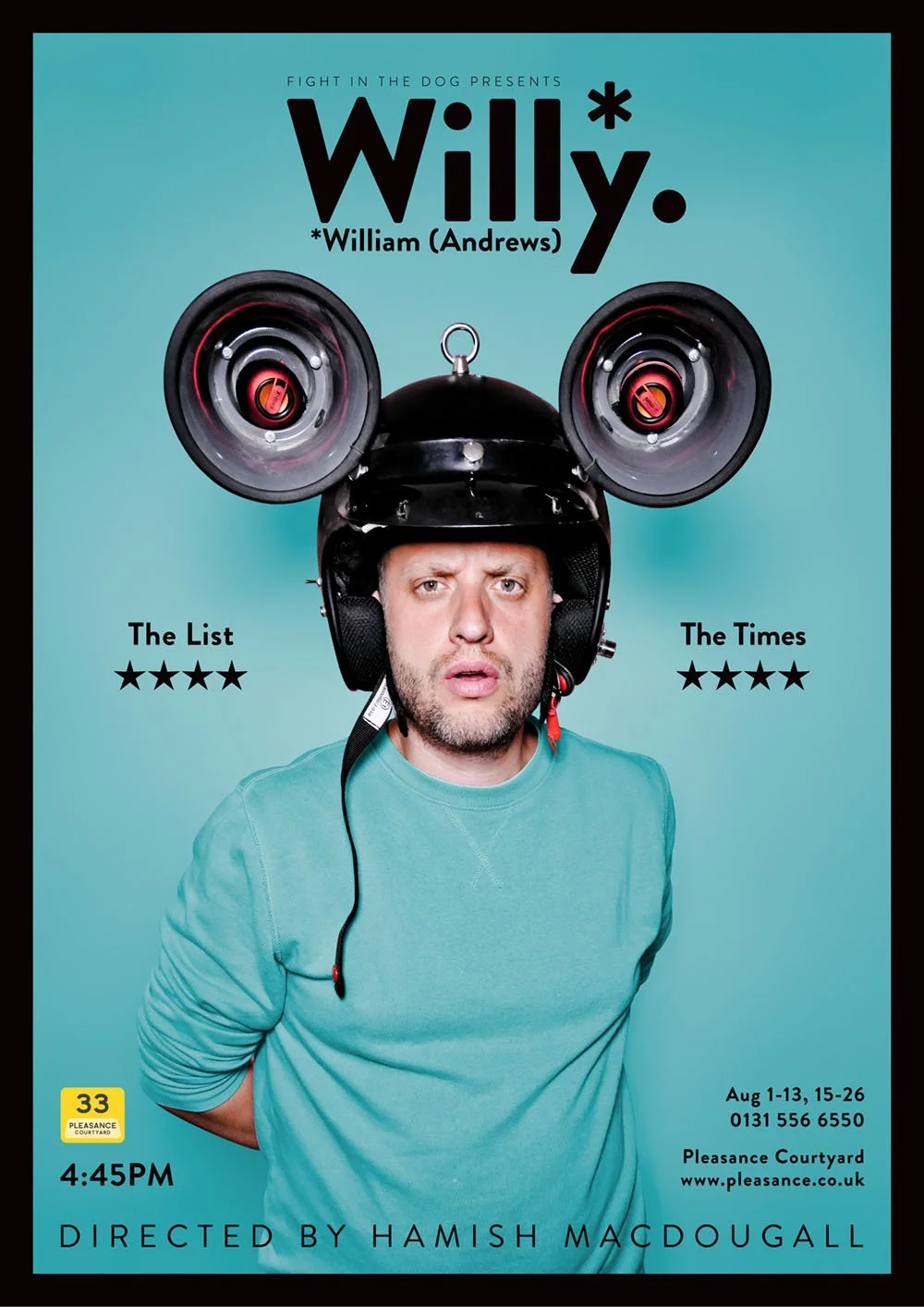Poster for the play 'Willyd' featuring a man wearing a helmet with two speakers on top. The background is teal, and the event details are listed including date, time, location, and contact information.