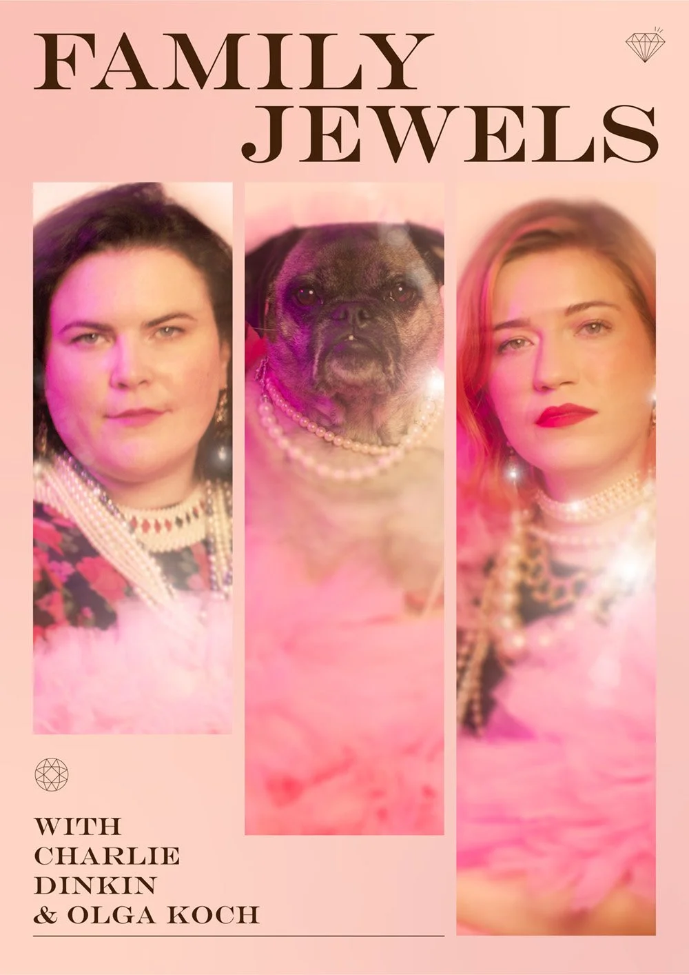 Poster titled "Family Jewels" features three portraits: on the left, a person with dark hair, wearing pearls and floral attire; in the center, a dog with a pearl necklace, wearing a pink outfit; on the right, a person with blonde hair and red lipstic