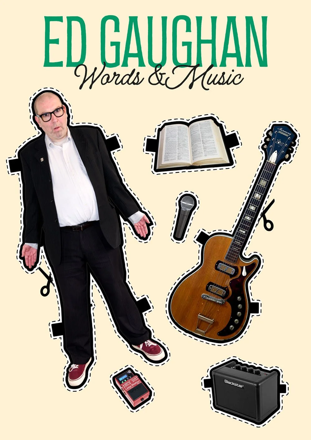 Cover of Ed Gaughan's Words & Music with images of Ed Gaughan, an open book, a microphone, an electric guitar, an effects pedal, and a small amplifier, all outlined with dashed lines.