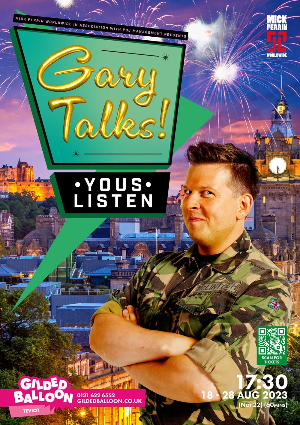Poster for 'Gary Talks! You Listen' comedy show with a man in military uniform standing with arms crossed, cityscape background with fireworks, event details including date, time, and QR code for tickets.