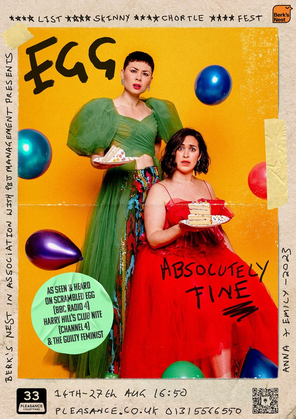 Two women at a celebration with colorful balloons and a yellow background. One woman is standing wearing a green dress with puffed sleeves, and the other is sitting in a red dress, both holding plates with slices of cake. The image has handwritten no