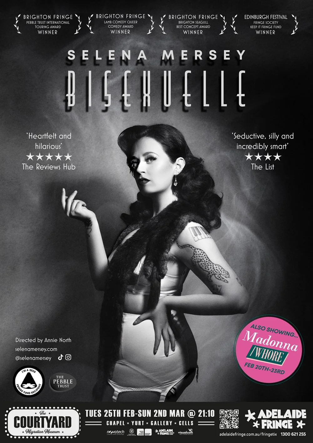 Black and white promotional poster for a theatrical show starring Selena Mersey titled 'Biseuxelle'. The poster features a woman with dark, vintage-style hair, tattoos on her arm, and wearing a shiny dress and a dark scarf. The poster includes review