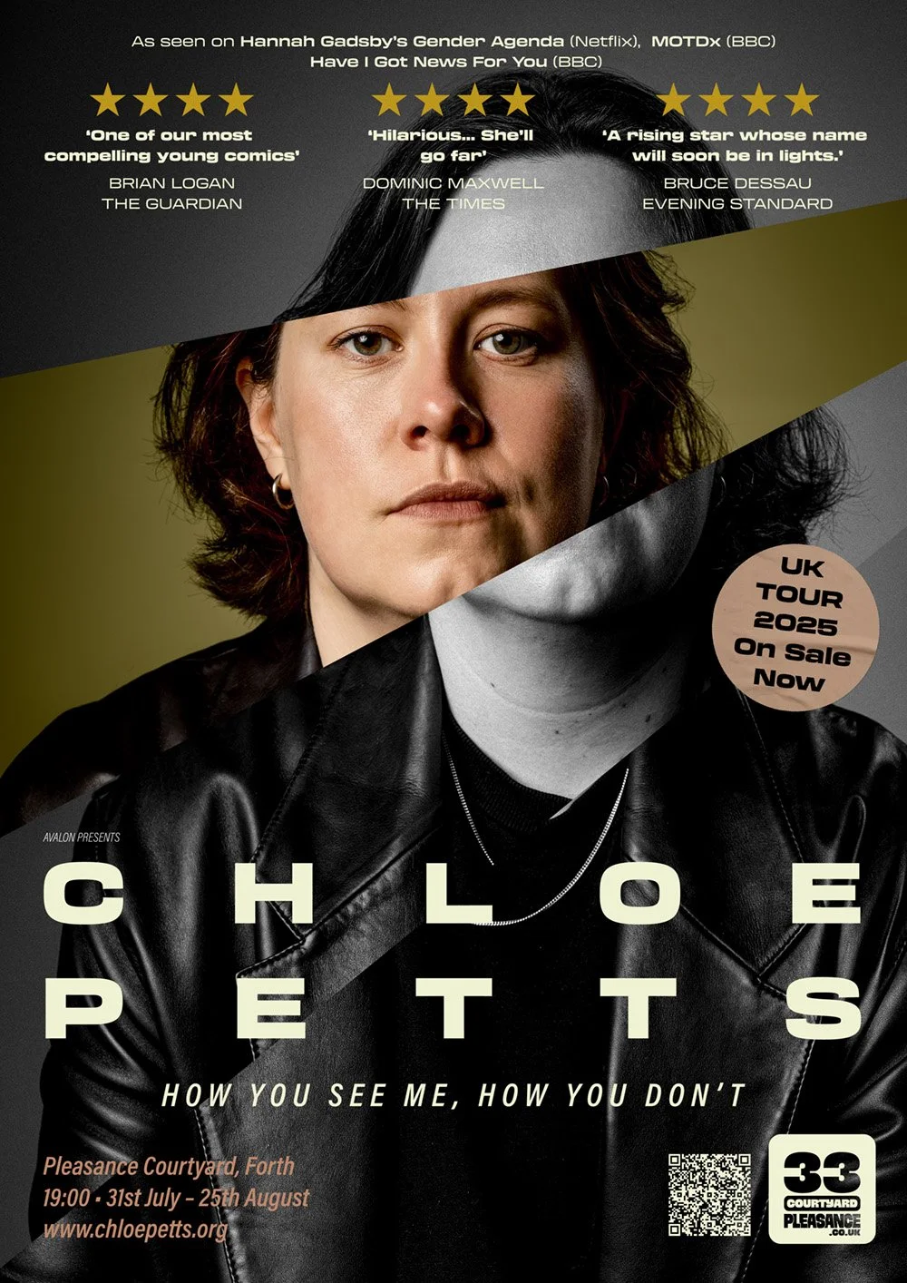 Poster promoting Chloe Petts' UK tour in 2025, featuring her portrait with torn visual effects, quotes from critics, and tour details including dates and ticket information.