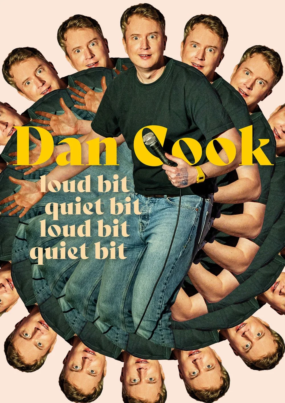 Poster featuring comedian Dan Sook holding a microphone, surrounded by multiple copies of his face creating a swirling pattern, with text 'loud bit quiet bit loud bit quiet bit'.