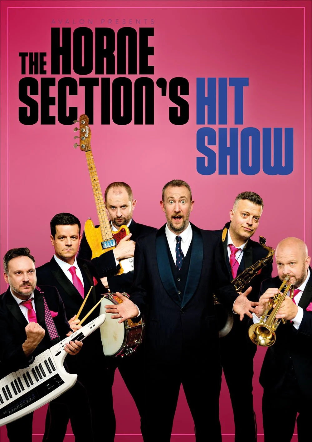Poster for the band The Horn Section's hit show with five men in suits holding various musical instruments against a pink background.