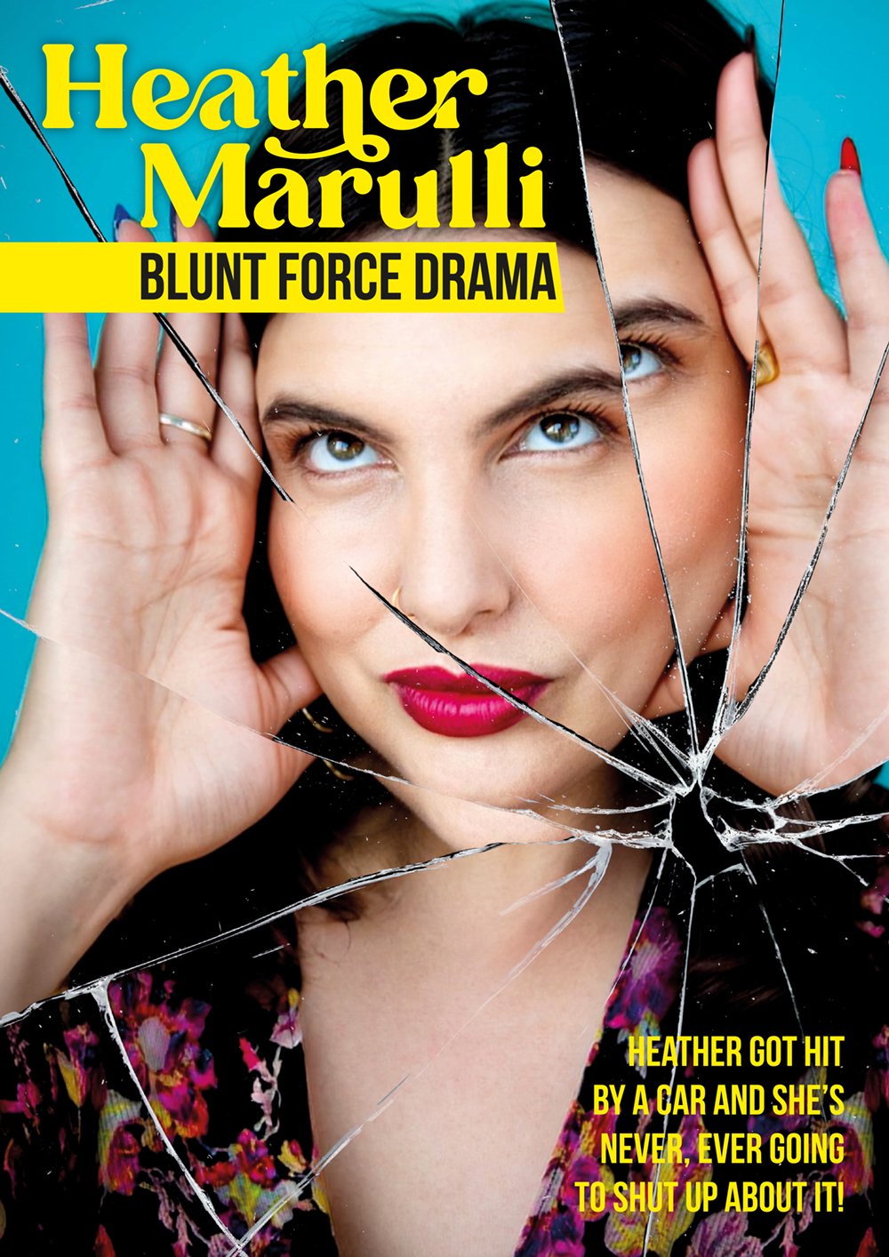 Close-up of a woman with blond hair, holding her head with both hands, and visibly injured face with a cracked glass effect overlay, suggesting she was hit or involved in a crash.