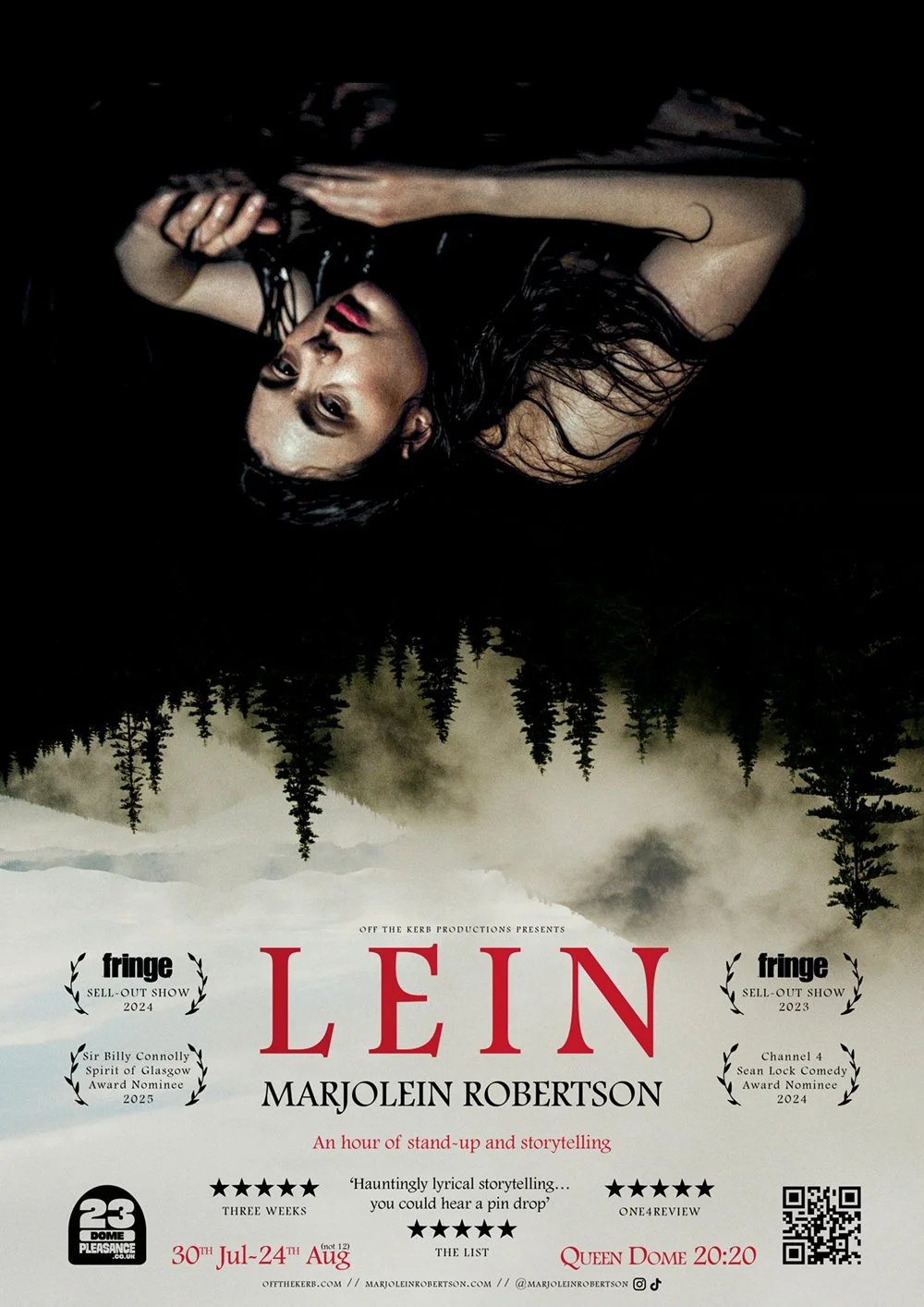 A woman with long dark hair, lying down with her head upside down, against a black background. She has a pensive expression and is wearing dark clothing.