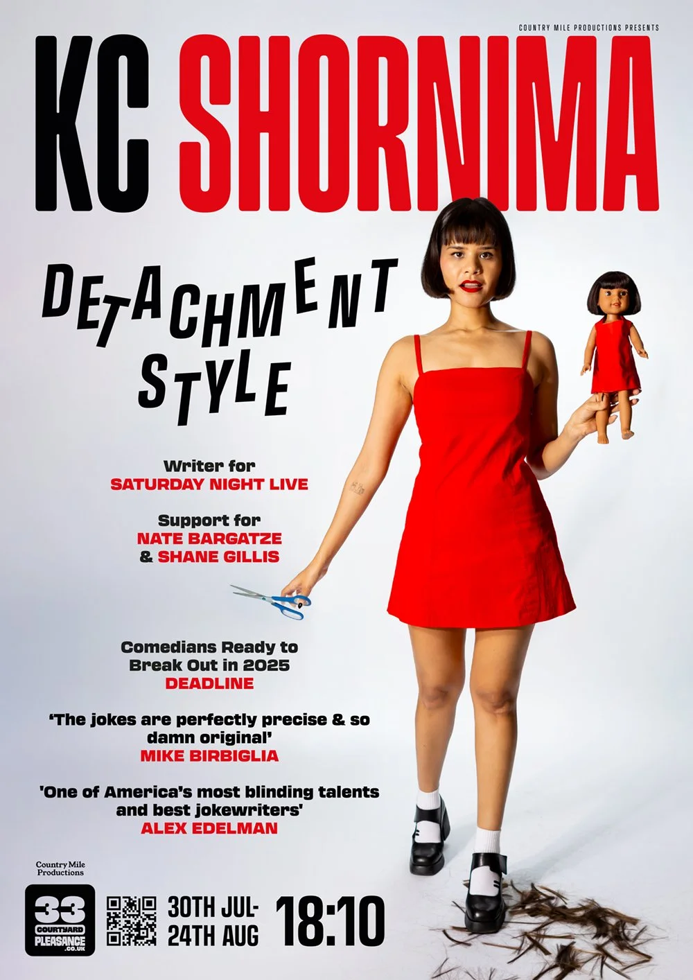 Poster for a comedy show featuring KC Shornima titled "Detachment Style," with a woman in a red dress holding a doll and scissors, standing on chicken feathers, with show dates July 30th to August 24th, and an 18:10 time.