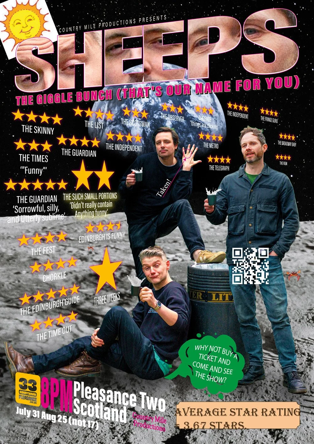 A promotional poster for the comedy show 'Sheeps' titled 'The Giggle Bunch (That's Our Name For You)', featuring three men on a moon-like landscape in Scotland. They are holding small cups, with one seated on the ground and two standing. The poster i