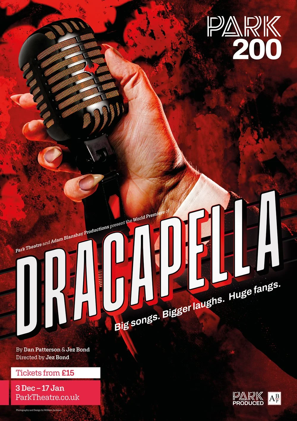 Poster for the theatrical production of 'Dracapella,' featuring a hand gripping a vintage microphone against a red and black grunge background. The play runs from December 3 to January 17 at Park Theatre, with tickets from £15.