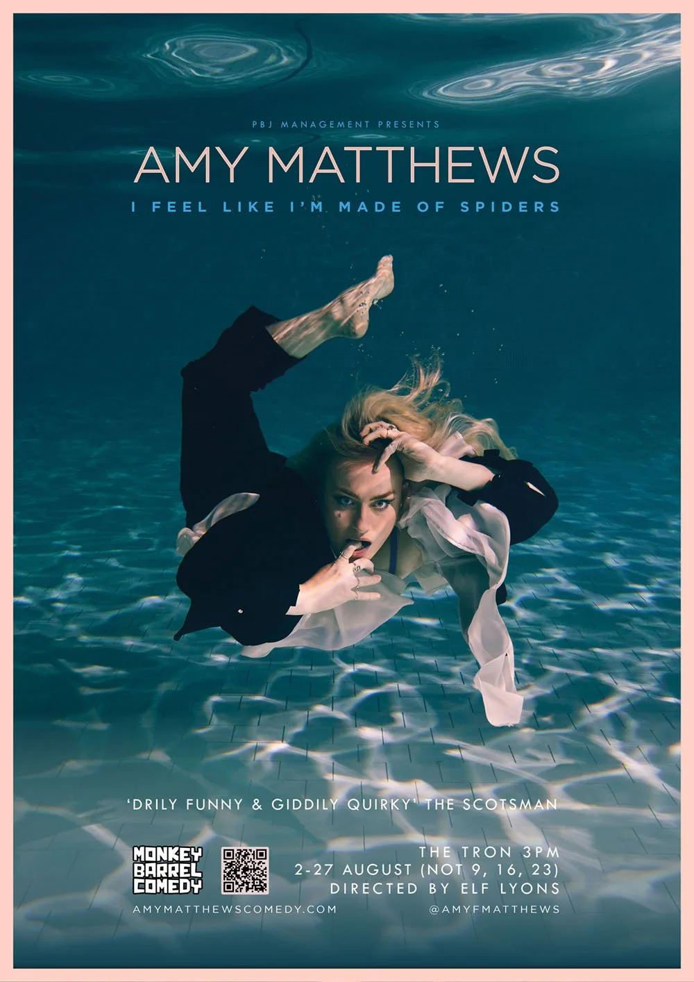 Poster for Amy Matthews comedy show featuring a woman underwater, with text displaying event details and quote.