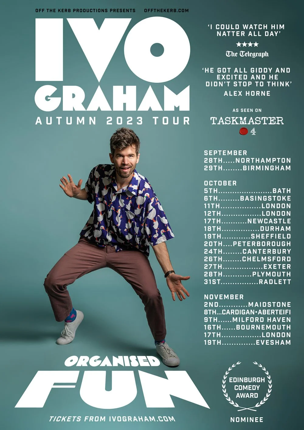 Tour poster for Ivo Graham's autumn 2023 comedy tour featuring a photo of Ivo Graham in colorful clothing. Dates and locations across the UK are listed, with ticket info and awards mentioned.