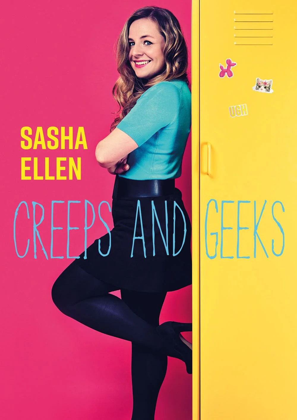 The cover of a book titled "Creeps and Ganks" by Sasha Ellen features a cheerful woman with long wavy hair, wearing a turquoise top, black skirt, and black tights, standing against a vibrant pink background with a yellow locker decorated with sticker