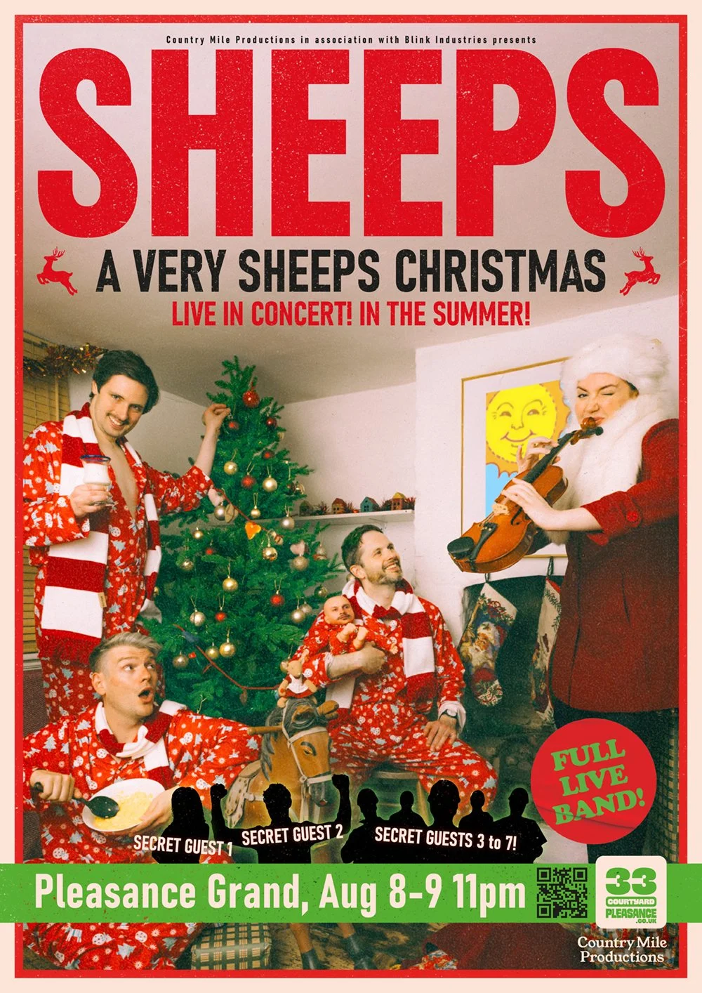 Poster advertising a band called Sheeps performing live at the Pleasance Grand on August 8-9 at 11 pm. The poster is festive with a Christmas theme and features people in Christmas pajamas, a decorated Christmas tree, and costumes including Santa Cla