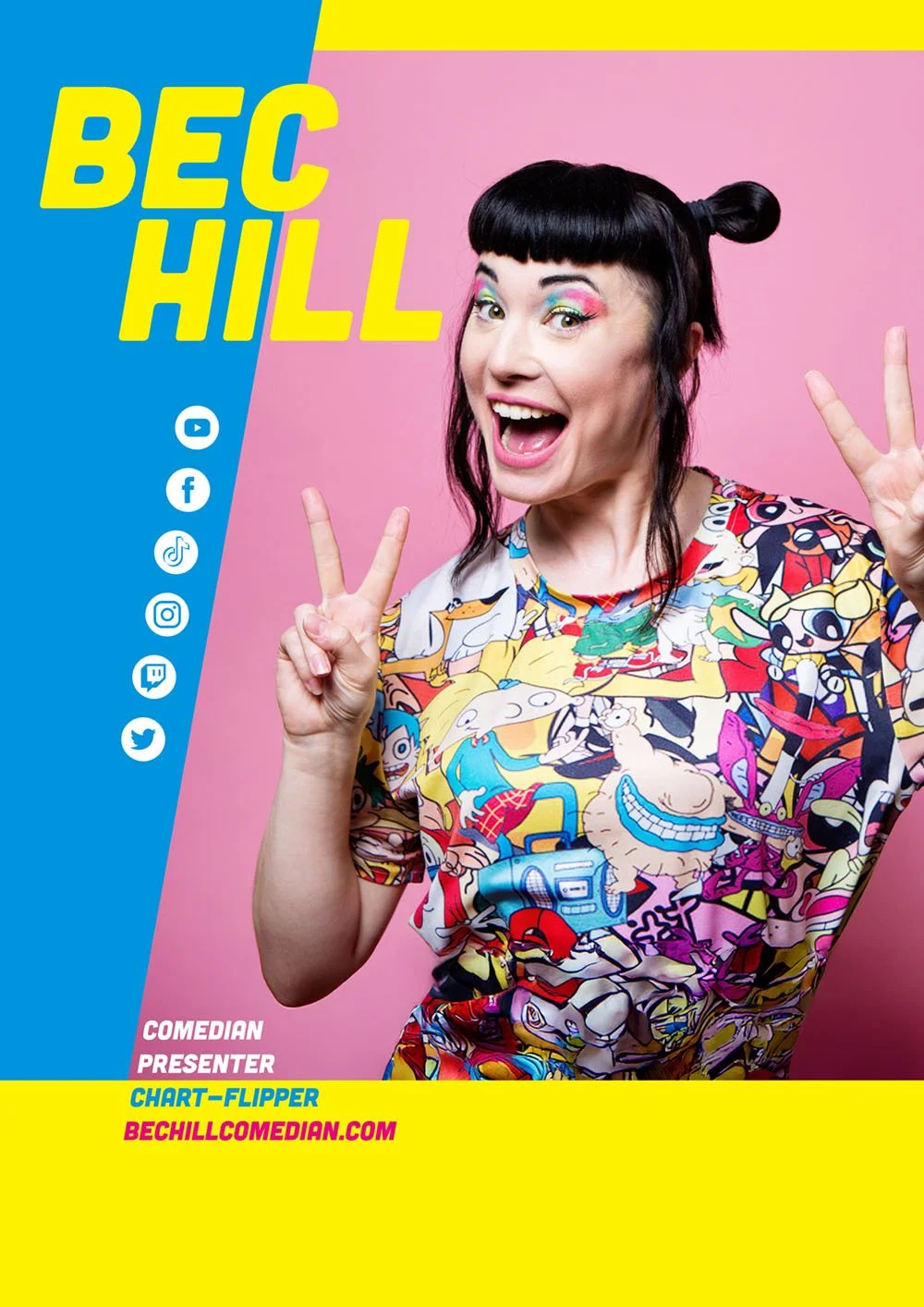 A woman with bright makeup and a colorful graphic T-shirt making peace signs with both hands, smiling, against a pink background. The left side has a blue vertical banner with social media icons and yellow text saying 'BECHILL'.