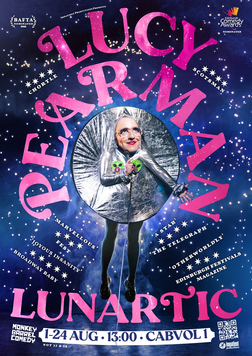 Promotional poster for the comedy show 'Lunar Tics' featuring actress Lucy Graham in a space-themed costume with a silver metallic circle. The background is a starry space scene with pink and white text detailing the event dates, time, and venue at C
