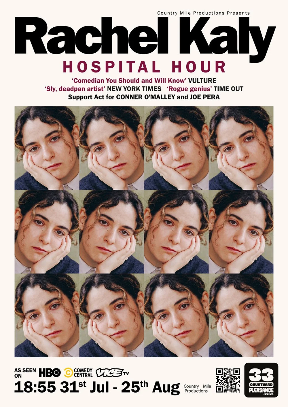 Poster for Rachel Kaly's 'Hospital Hour' show featuring repeated photos of a woman with dark curly hair resting her face on her hand, with text highlighting her achievements and show details.