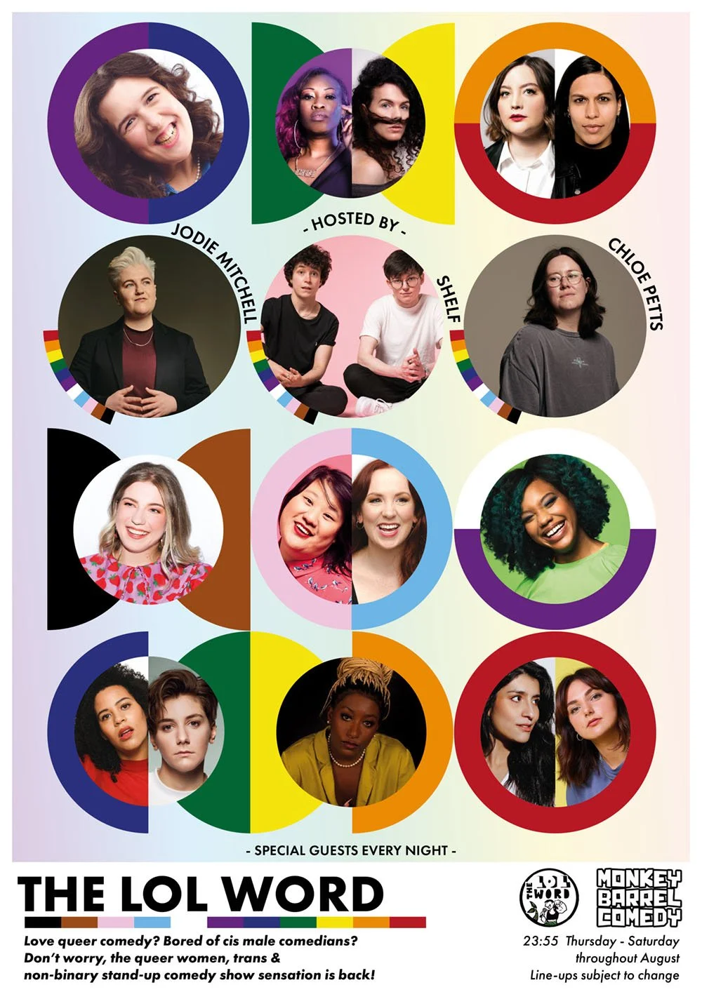A poster for a comedy show called "The LOL Word" featuring diverse women and LGBTQ+ individuals, with various headshots arranged in colorful circles. The poster includes hosts Jodie Mitchell, Shelf, and Chloe Petts, with guest comedians, and details 